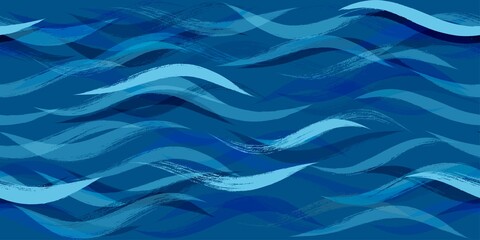 Seamless Wave Pattern, Hand drawn water sea vector background. Watercolor wavy beach brush stroke, curly grunge paint lines, modern design