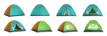 Colorful Camping Tents On White Background, Collage. Banner Design