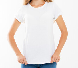 Wall Mural - close up white t-shirt on a girl with perfect body copy space