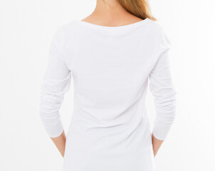 Wall Mural - back view lady in stylish white tshirt mockup copy space close up