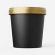 Ice cream tub in black with gold lid on a plain background. 3d render.