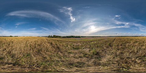 Wall Mural - full seamless spherical hdri panorama 360 among autumn yellow farming fields with awesome clouds in equirectangular projection, ready for VR AR virtual reality content