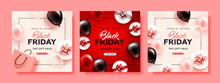 Set Of Black Friday Square Sale Banner With Realistic Glossy Balloons, Gift Box And Discount Text. Vector Illustration