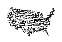 Set of rifles and guns over United States of America map vector silhouette illustration. USA map symbol. First amendment right concept. Powerful weapon collection with pistols and sniper rifles.