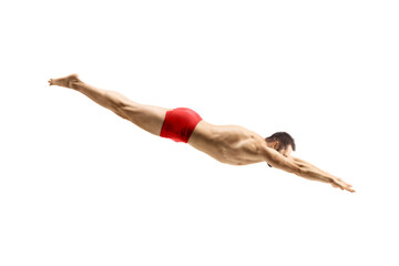 Sticker - Male swimmer in a red swimsuit jumping to dive