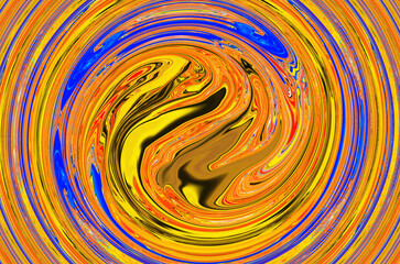 Wall Mural - Abstract bright orange blue background. Creative mood. Art trippy digital backdrop. Curved shapes illustration. Vibrant banner. Template. Water wave effect. Swirl. Marble texture. Whirlpool tunnel.