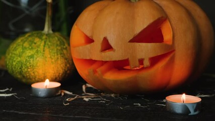 Wall Mural - Handheld camera shake, first person. Halloween pumpkin