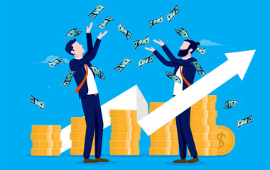 Aufkleber - Two men making money - Businessmen throwing money in air with coins and financial graph in background. Small business success and economic growth concept. Vector illustration
