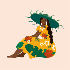 Wall Mural - Illustration of island woman wearing tropical floral dress sitting