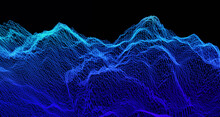 Data Trends. Three Dimensional Surface Of Complex Data Subjects. Blue Wire Frame Mesh On Black Background. Data Visualization.  3D Illustration, 3D Rendering.