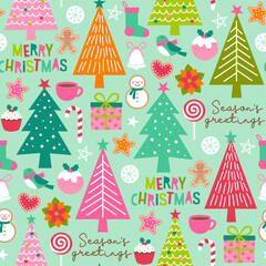 Wall Mural - Colorful pine tree and christmas elements seamless pattern.