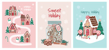 Holiday Sweet Gingerbread House And Sweets Illustration Set For Cards, Media, Fabric And Wallpaper