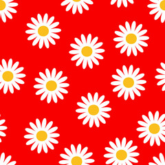 Wall Mural - White chamomile flower on red seamless background, vector abstraction. Design of clothes, paper, fabric.