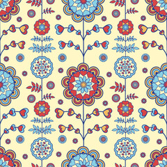 Wall Mural - Vector illustration. Seamless floral pattern. Stylized colorful flowers on a beige background.