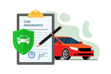 Red car with insurance policy on clipboard. Contract for guarantee of repairs in event of road accident, breakdown or auto crash. Law legal preparedness transport accident risk vector eps illustration