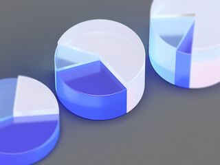 3D rendered transparent graphic charts with marked parts on a light background. Illustration for infographics or presentation of results. Visualization for markets and statistics.