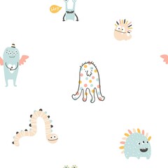 Wall Mural - Monster Halloween seamless pattern. Cute cartoon characters in simple hand-drawn Scandinavian style. Vector childish funny doodle illustration. Baby clothes, textiles, fabric, wallpaper, paper.