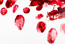Red Bloody Fingerprints On The White Background. Horror And Crime Scene Concept. Halloween Postcard.
