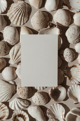 Wall Mural - Blank paper, invitation card sheet with empty clipping path mock up copy space on beige and white seashells pattern background. Aesthetic minimalist blog, social media template