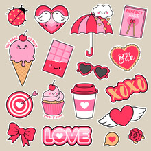 Set Of Girl Fashion Patches, Cute Cartoon Badges, Fun Stickers Design In Love Concept.
