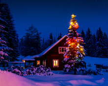 The Snowy Cabin In The Woods With A Christmas Decorated Tree And Dark Sky At Evening