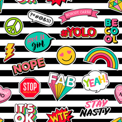 cute girls fashion patches seamless pattern with striped background.