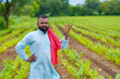 © Niks Ads - Young indian farmer standing at green turmeric agriculture field.