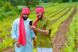 © Niks Ads - Indian farmer using smartphone at green turmeric agriculture field.