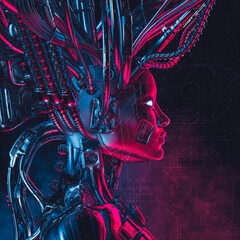 Wall Mural - Bride of the machine - 3D illustration of metallic science fiction female artificial intelligence inside futuristic computer core