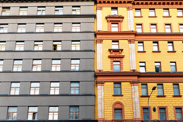 Canvas Print - yellow and gray facades of buildings of Federal Security Service of the Russian Federation (FSB RF) on Bolshaya Lubyanka street in Moscow city in evening