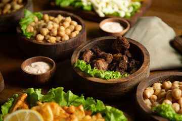 Poster - hot meat snacks for beer served on wooden dish