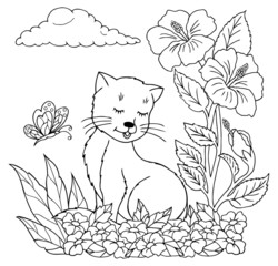 Wall Mural - Illustration. The kitten is sitting in a meadow of flowers under the clouds. Coloring book. Antistress for adults and children. The work was carried out in a normal mode. Black and white.