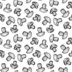 Wall Mural - Seamless monochrome pattern with mushrooms isolated on white background. Template for branding fresh organic food, textile, ads. Vector illustration.