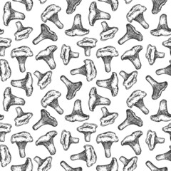 Wall Mural - Seamless monochrome pattern with mushrooms isolated on white background. Template for branding fresh organic food, textile, ads. Vector illustration.