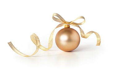 Wall Mural - golden bauble, christmas ball with a ribbon decoration, isolated on white background.