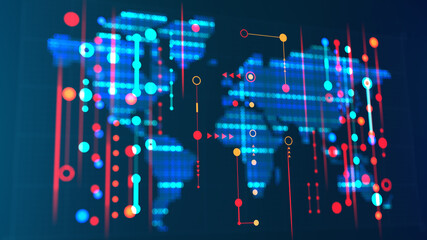 Global logistics, map of the movement of goods, continental transport, exchange and data protection. 3d illustration of digital map screen with graph elements