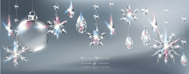 Wall Mural - Vector Christmas background with realistic transparent glass balls, snowflakes and decoration. Glass sphere and sparkling translucent crystals