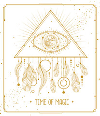 Wall Mural - Modern magic witchcraft card with dream Catcher and eye in triangle. Vector illustration