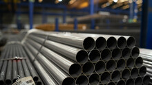 Closeup Of Gray Industrial Steel Pipes With Blurred Background