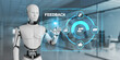 Feedback customer satisfaction review. Robot pressing button on virtual screen. 3d render.