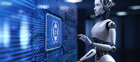 Ai Artificial intelligence concept neural network. Robot pressing button on screen 3d render.