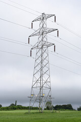 Poster - Vertical shot of a transmission tower in a field under a cloudy sky in the countryside