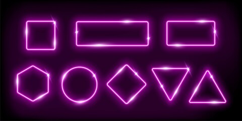 Wall Mural - neon frames glow, geometric shapes set, abstract borders with electric neon purple effect