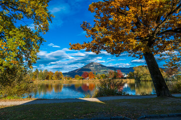  autumn landscape with lake Leopoldskroner Weiher Salzburg Austria