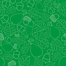 Vector Green Autumn Texture Background Pattern With Leaves And Acorns