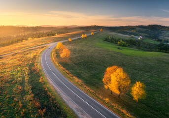 Canvas Print - aerial view of road, hills, green meadows and colorful trees at sunset in autumn. top view of mounta