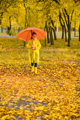 Wall Mural - girl with an umbrella and rubber boots on an autumn walk