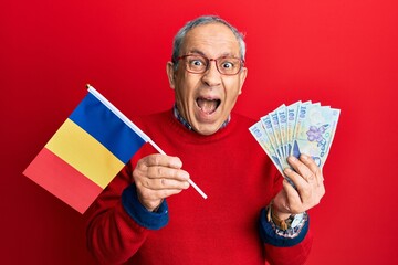 Wall Mural - Handsome senior man with grey hair holding romania flag and leu banknotes celebrating crazy and amazed for success with open eyes screaming excited.