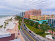 Clearwater Beach and S Gulfview Blvd aerial view in a cloudy day, city of Clearwater, Florida FL, USA. 
