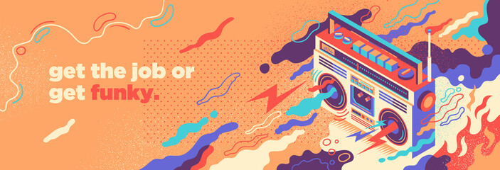 Wall Mural - Abstract lifestyle illustration with isometric style ghetto blaster, splashing shapes and slogan. Vector illustration.